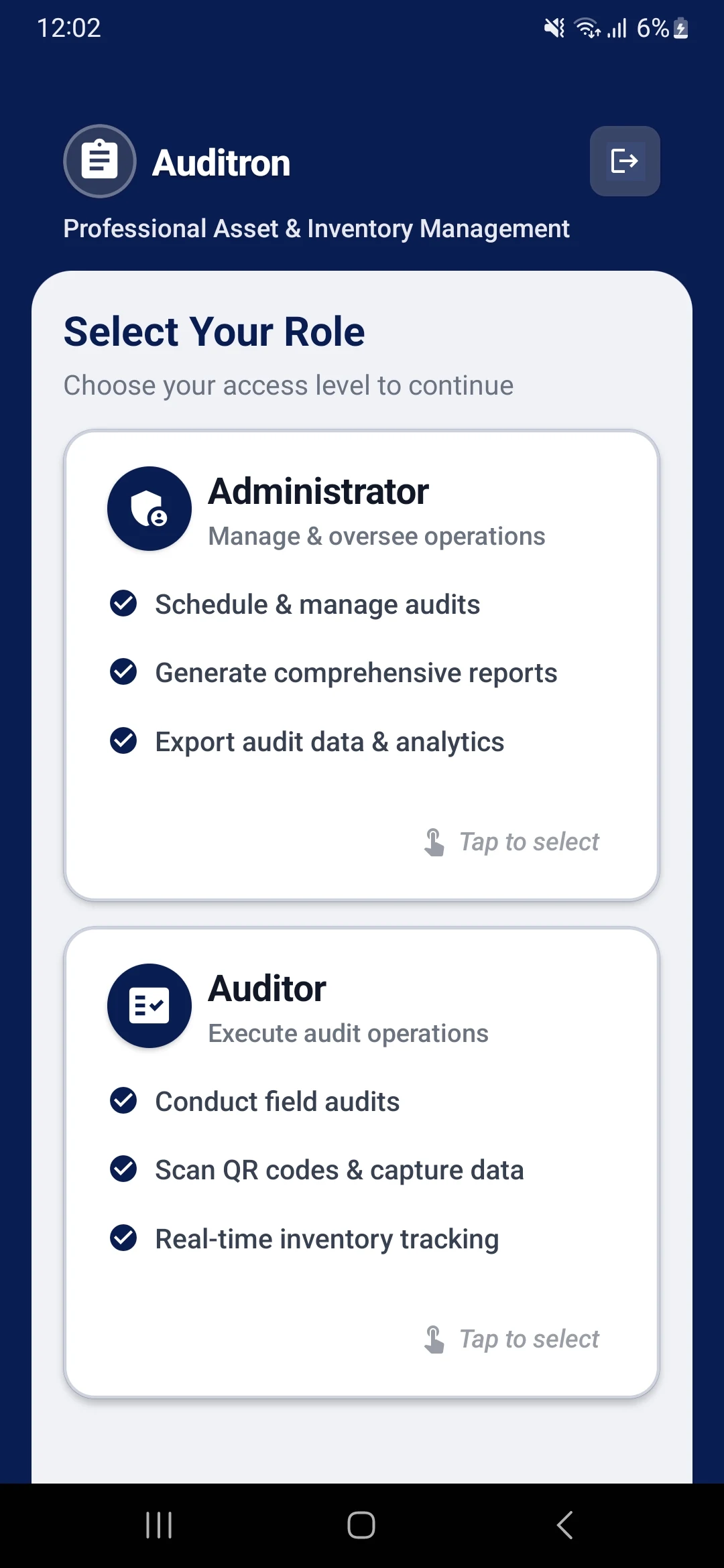Auditron mobile app — role selection screen for administrators and auditors